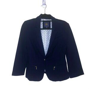 OBR Cotton Blazer Jacket Coat M Dark Navy Blue Gold Button Zipper Pocket Preppy